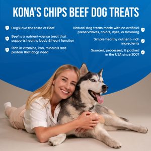 Picture of beef dog treat product benefits, great taste, nutritious, natural, and healthy